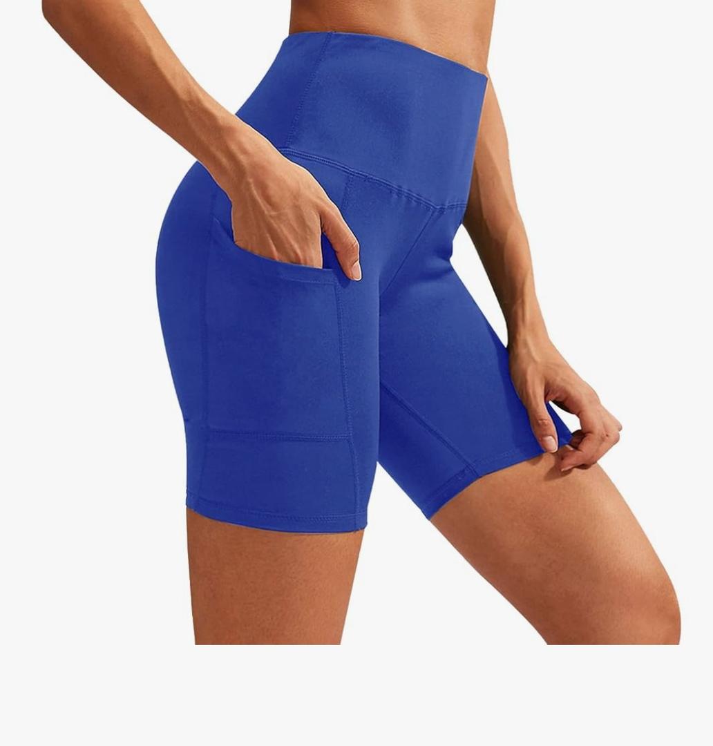 Women's High Waisted Yoga Shorts Tummy Control Sports Running Shorts with Pockets for Athletic Workout Gym Cycling, XL, Blue