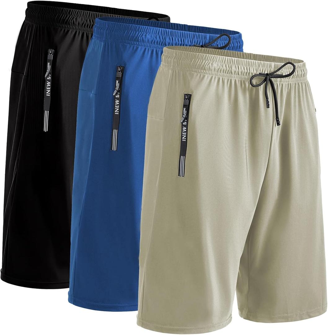 9" Mens Athletic Shorts with Zipper Pockets, 3 Pack Quick Dry Workout Gym Drawstring Running Shorts for Men, Size M