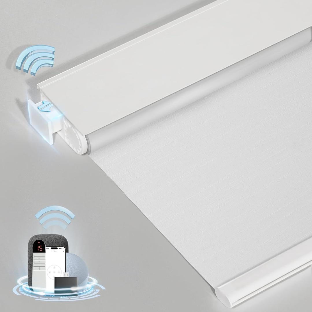 Smart Motorized Blinds with Remote, Cordless No-Drill Automatic Roller Shades, Blackout Electric Blind for Windows, White, 34 x 72