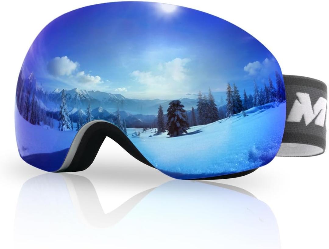 Meeloog Ski Goggles for Men & Women, OTG Snowboard Goggles with UV400 Protection, Anti-Fog & Spherical Design for Wider View (Greyframe Revo Blue Lens Vlt 20.29%)