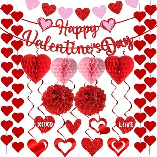 SIMVOTM Valentine's Day Decorations Kit with Happy Valentines Day Banner, Cutouts Swirls Garland, Honeycombs Tissue Poms for Valentine's Day Party Decorations Home Office Wedding Anniversary
