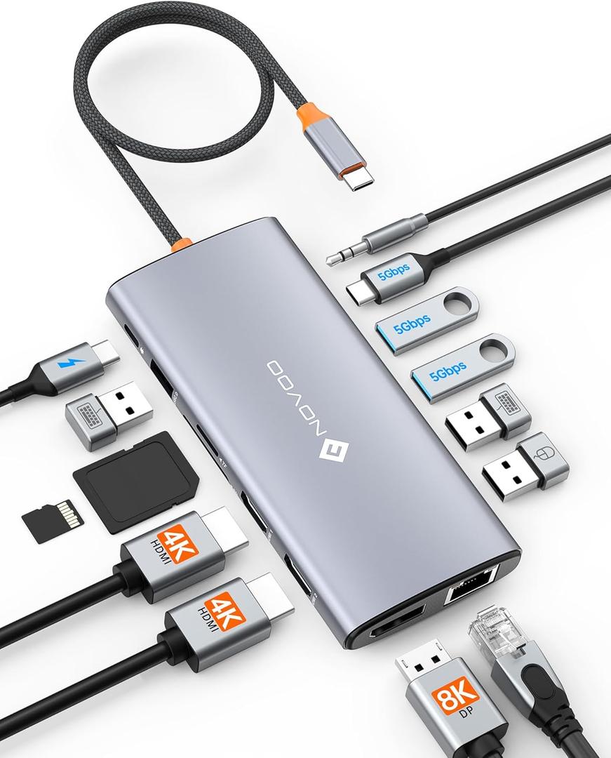 USB C Docking Station Dual Monitor for Laptop, 14 in 1 USB C Hub Adapter Thunderbolt 3 to Dual 4K60 HDMI+8K30 DP USB C/A Data 100W PD RJ45 SD/TF Audio Multiport Dock for MacBook/Dell/HP/Lenovo/Surface