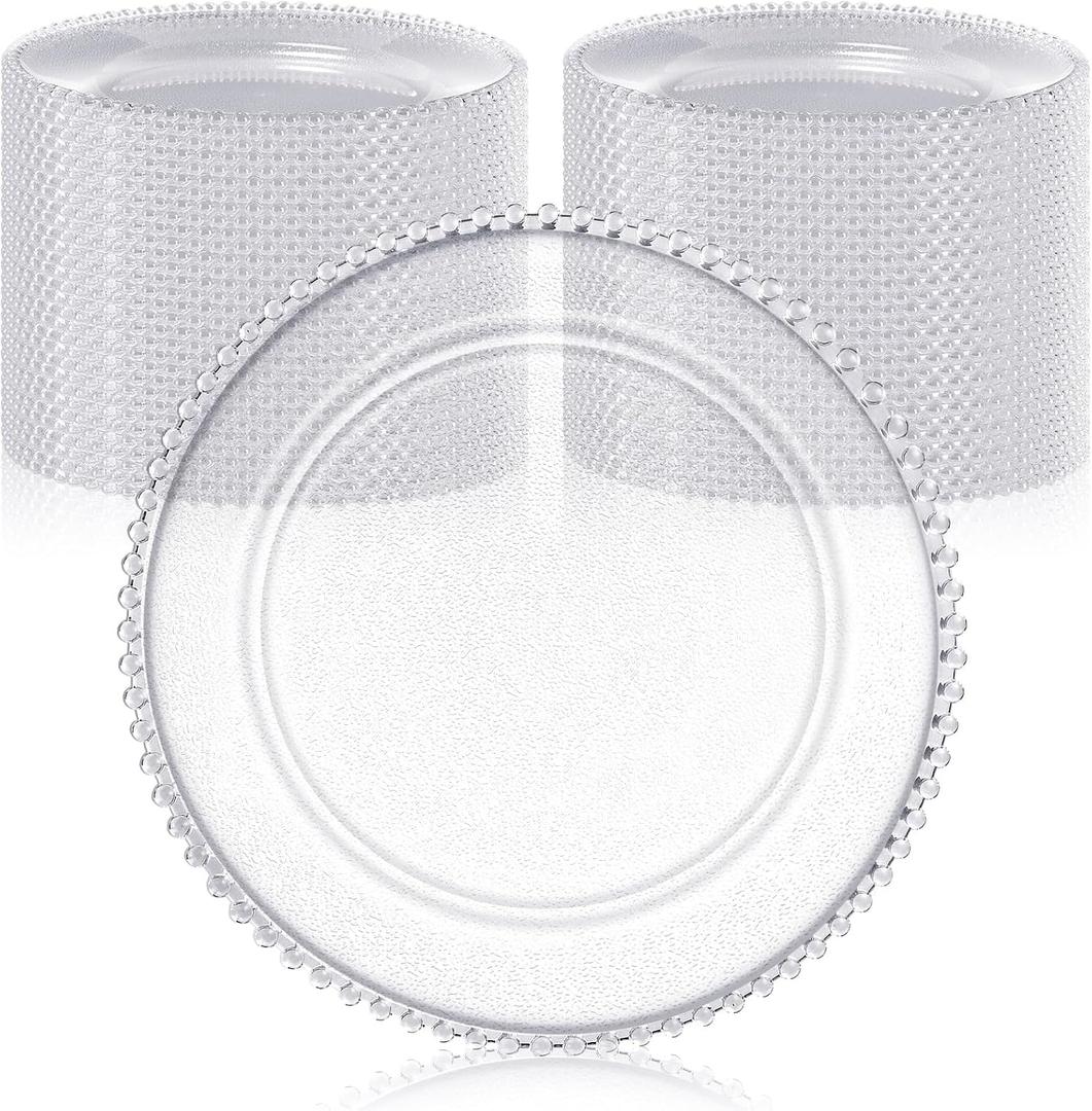 Hoolerry 50 Pack Clear Charger Plates Bulk 13 Inch Plastic Round Beaded Dinner Chargers Acrylic Frosted Grain Decorative Service Plates for Wedding Party Event, Home and Kitchen Tabletop (Transparent)