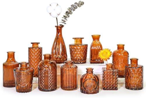 SUPMIND 4Pcs Glass Bud Vase Set, Small Dark Brown Flower Vase for Centerpieces, Bud Vases in Bulk, Mini Vintage Vase for Rustic Wedding Decorations（Amber）