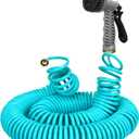 50 FT 3/8" Lightweight Coiled Garden Hose EVA Flexible with 7 Function Nozzles and Brass Connectors for Garden Watering Plants Greenhouses Patios Lake Blue