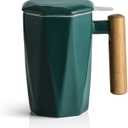 Sweejar Ceramic Tea Infuser Cup with Lid, Wooden Handle Teacup with Strainers for Loose Leaf Tea, 17 oz Geometric Shape Coffee Mug, Steeping Mug with Infuser, Women Christmas Gift (Jade)