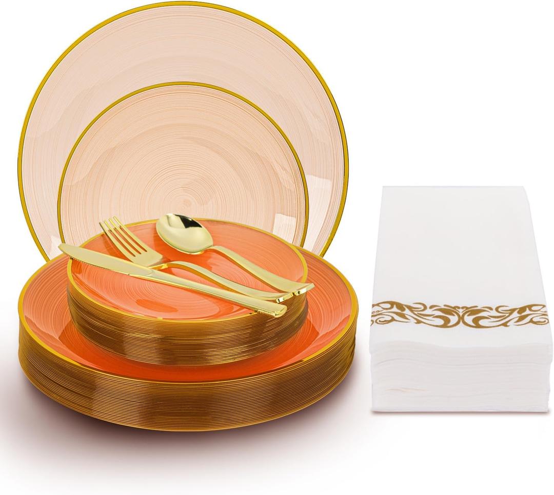 N9R 180PCS Orange Plastic Plates with Gold Trim, Disposable Party Dinnerware Set for 30 Guests, Include 30 Dinner and Salad Plates, Napkins, Forks, Spoons, Knives, Perfect for Wedding, Dinner Party