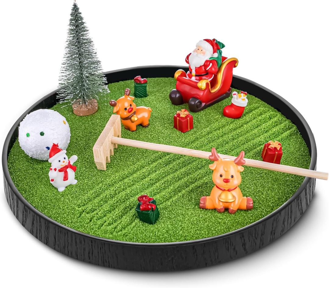 Christmas Zen Garden Kit for Desk 8.2'' Mini Zen Garden Desktop Decor with Christmas Accessories, Home Office Desk Decorations Ideal Holiday Decor Gifts for Family and Friend