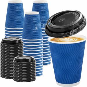 Pack of 100 Coffee Cups with Lids 12oz, Disposable Insulated Ripple Wall To Go Paper Coffee Cups for Hot/Cold Drinks Office Home Shop Event (Navy)