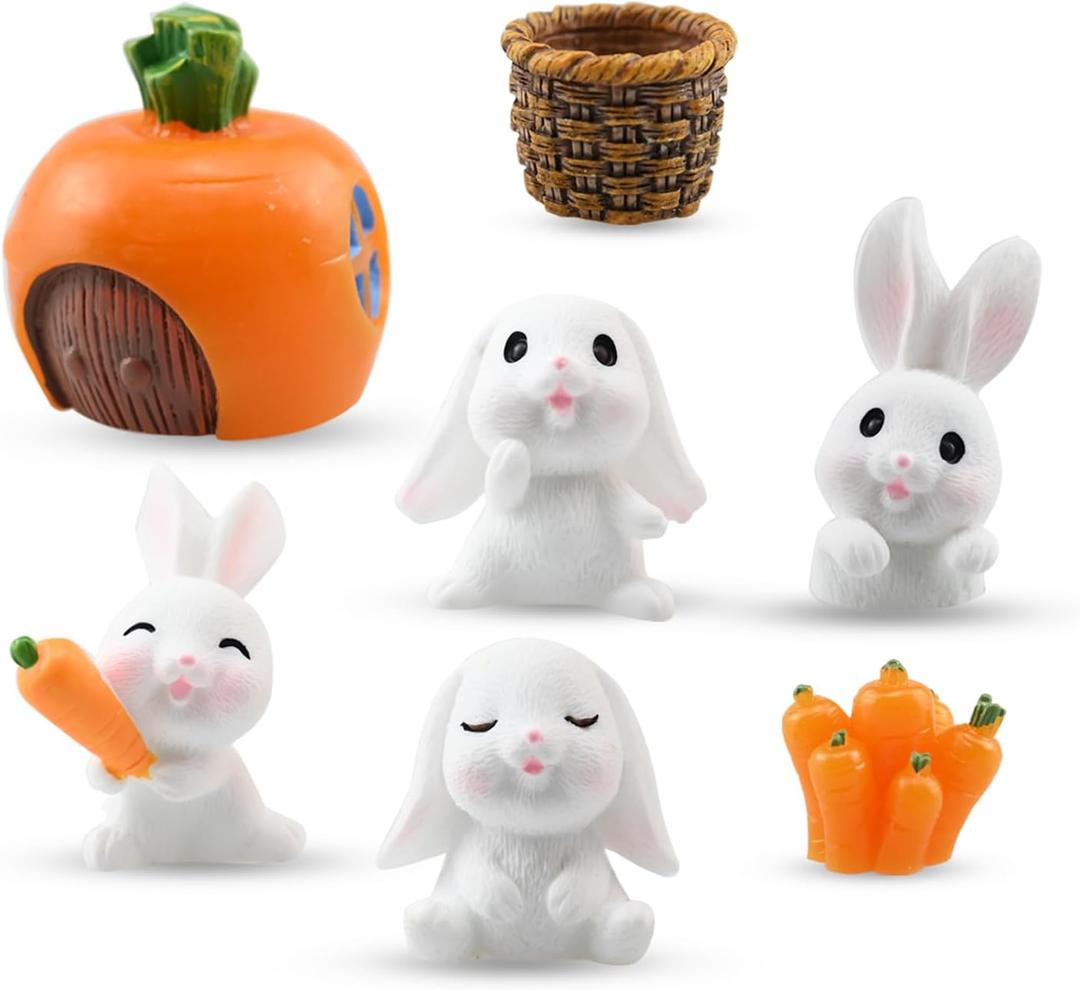 7 PCS Mini Bunny Cake Toppers, Bunny Cake Decorations, Cute Resin Rabbits Figurine for Kids, DIY Miniature Landscape Decorations, Birthday Party Gifts Decor Supplies