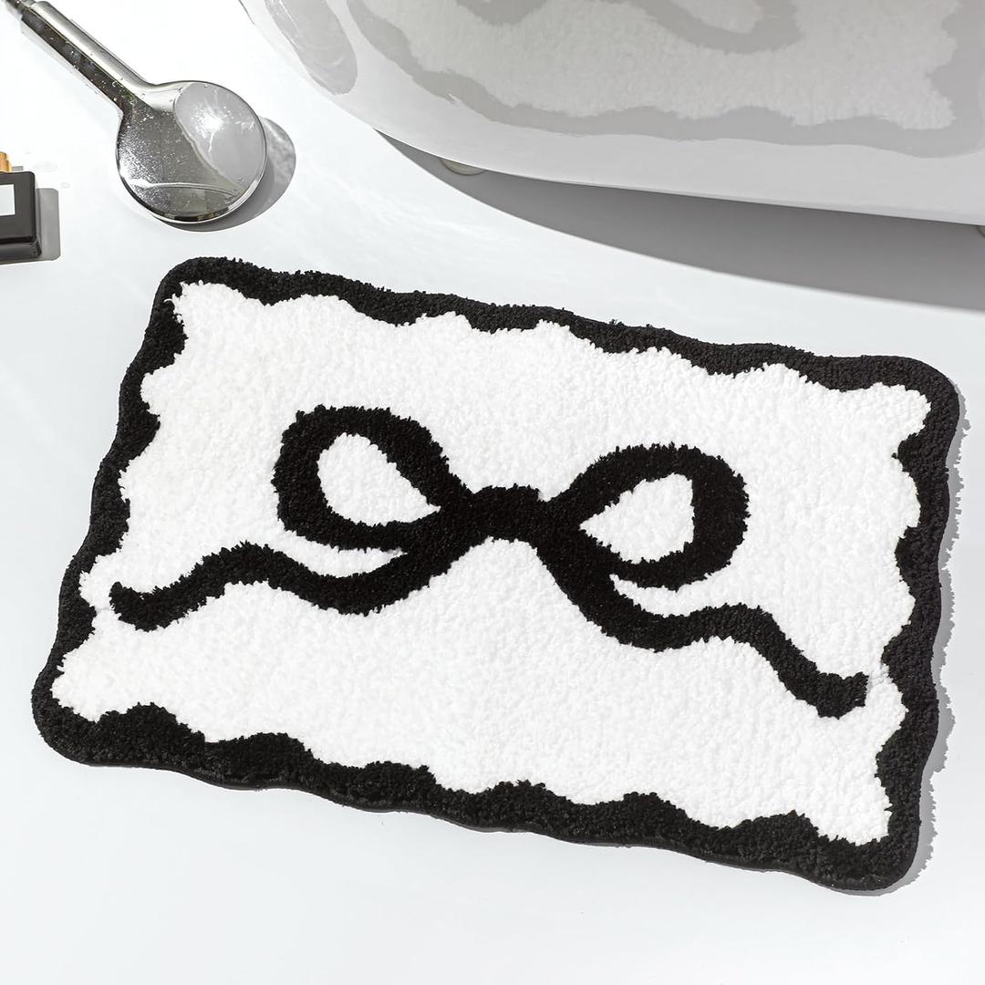 Black Scalloped Bow Bathroom Mat 16" x 24" Non Slip Coquette Bow Rug Cute Aesthetic Scallop Carpet Preppy Room Decor Microfiber Absorbent Bath Rug for Bathroom Bathtub Shower Bedroom