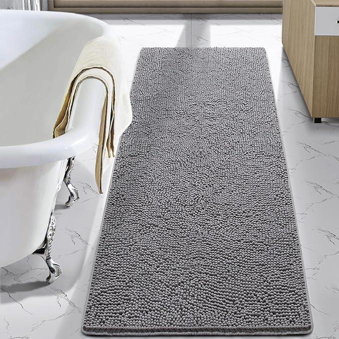 LOCHAS Luxury Bathroom Rug Shaggy Bath Mat 24 x 70 Inch, Washable Non Slip Bath Rugs for Bathroom Shower, Soft Plush Chenille Absorbent Carpets Mats, Gray