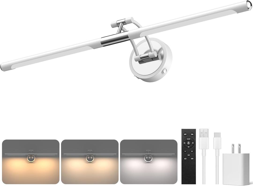 Picture Lights Battery Operated, 30inch 3CCT&Dimmable Picture Frame Light with Remote, 5200mAh Rechargeable Picture Light for Wall, White and Chrome