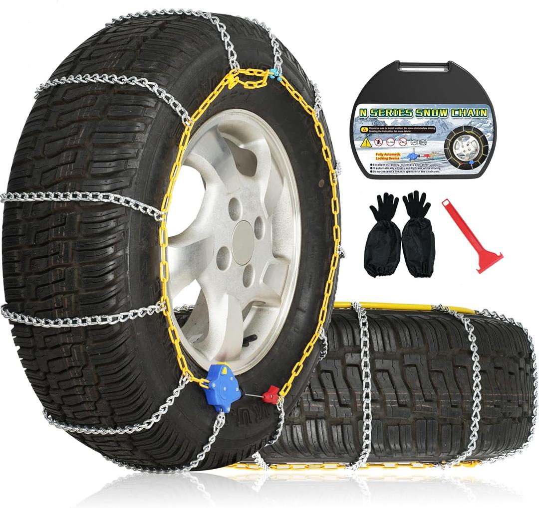 Auto Fixing Snow Chains, 2 x 12 mm, 30s Quick Installation of Tire Chains with Automatic Tensioner, Universal Emergency Tire Traction Chain for Cars, Pickups, and SUVs (HLN 100)