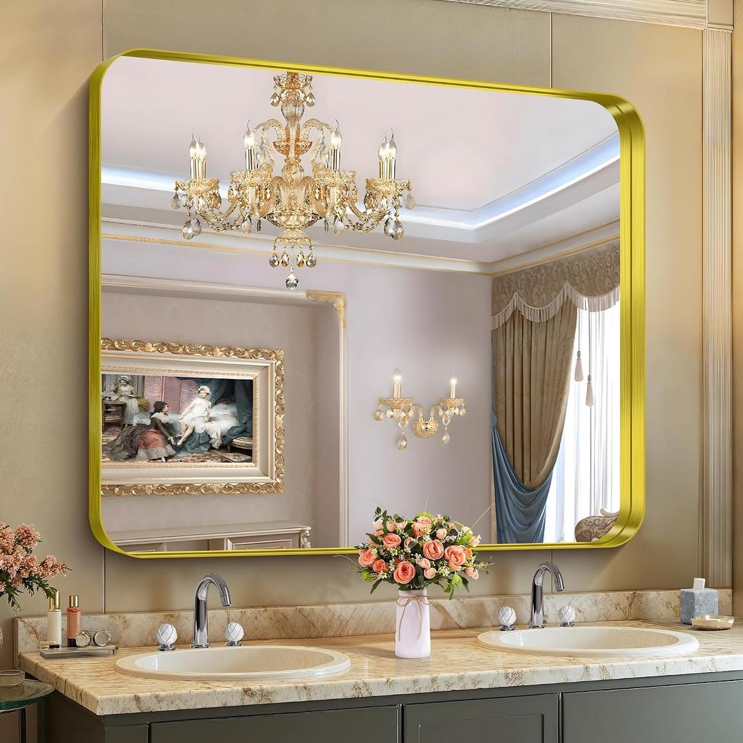 CIRCUMI Gold Bathroom Mirror, 40"x48" Rectangular Mirror with Deep Metal Frame, Rounded Corner, Tempered Glass, Large Mirror for Wall, Over 2 Sinks, Installed Vertically/Horizontally, Crystal-Clear