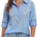 Women's Sparkly Fringe Western Shirts Rolled 3/4 Sleeve Button Down Shirts Western Tops Country Concert Cowgirl Outfit, XL