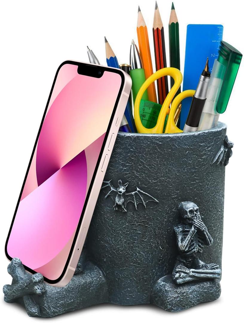 Skull Decor Pen Holder with Phone Stand Gothic Desk Accessories Black Skeleton Pencil Storage Organizers Goth Offices Supplies Home Halloween Decorations Unique Spooky Gifts for Men Women Dad Teacher