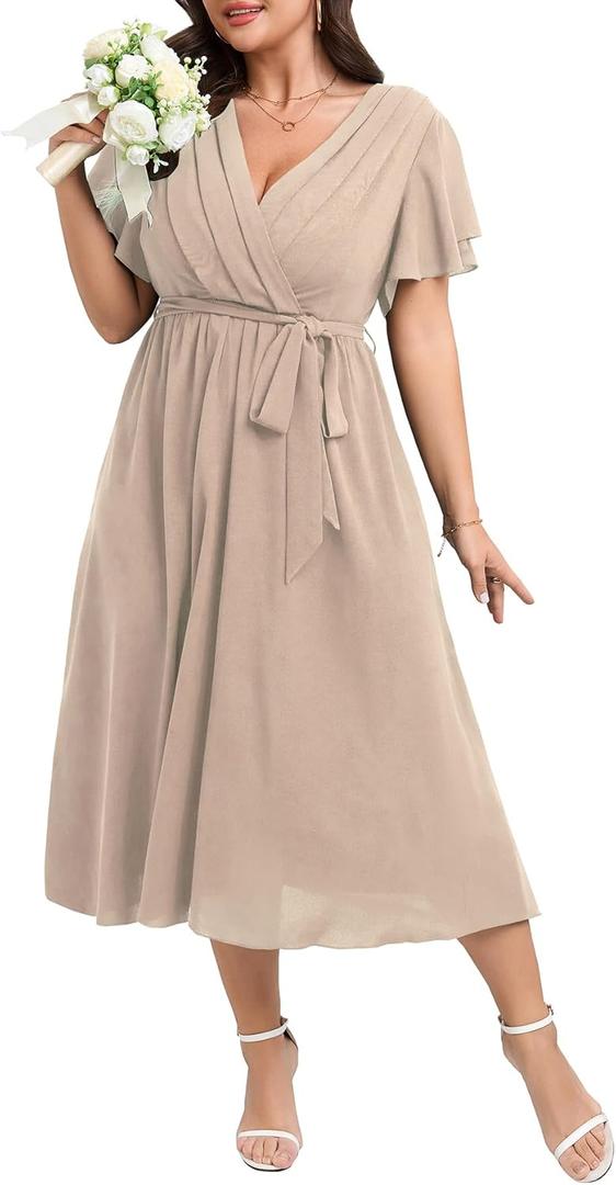 Womens Plus Size Dress Wedding Guest Cocktail Pleated V Neck Faux Wrap V Neck Flowy A Line Midi Dresses with Belt (Beige) Womens Plus Size Dress Wedding Guest Cocktail Pleated V Neck Faux Wrap V Neck Flowy A Line Midi Dresses with Belt (Beige)