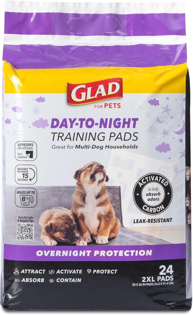 Glad for Pets Day to Night Activated Carbon Puppy Training Pads, Odor Control Disposable Dog Pads with Adhesive and Wall Protection, Leak Proof and Super Absorbent, 30 x 36 Inch, 24 Count (Giant)