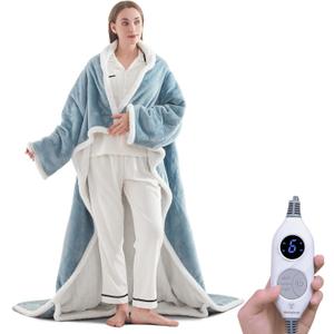 Westinghouse Electric Snuggle Throw Blankets with Foot Pocket, Wearable Heated Blanket with Sleeves, 6 Heating Levels & 2 to 10 Hours Heating Time Settings, 50 * 70"+18", Light Blue