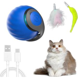 Interactive Cat Toy Ball, Automatic Moving Cats Ball Toy with Feather, Indoor Smart Cat Toys, Motorised Cats Balls Toy for Chasing & Hunting (Blue)