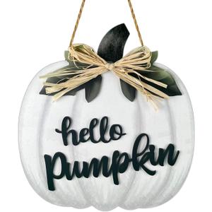 Fall Door Decor White Pumpkin Wall Decor Hello Pumpkin Sign with Raffia Bow Fall Decorations for Home Porch Wooden Front Door Hanger for Harvest Thanksgiving Indoor Outdoor Home Decorations