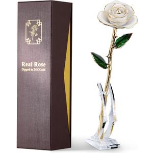 24K Gold Dipped Real Rose  Handcrafted, One of a Kind Gift  Timeless Romantic Present for Birthday, Valentines, Mothers Day, Anniversary (Ivory White)