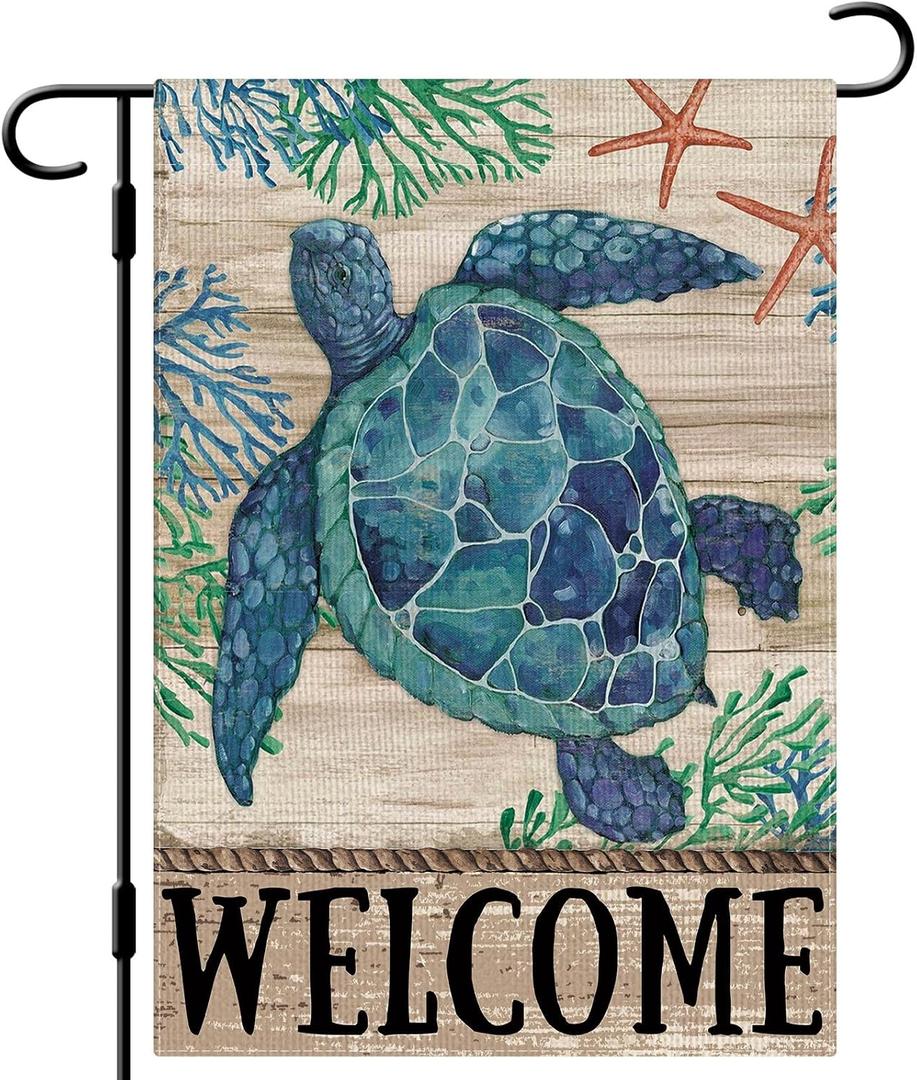 DLZDN Welcome Sea Turtle Garden Flag Beach Garden Flag 12x18 Inch Double Sided Burlap Welcome Summer Rustic Coastal Seasonal Ocean Yard Flag Outdoor Decoration