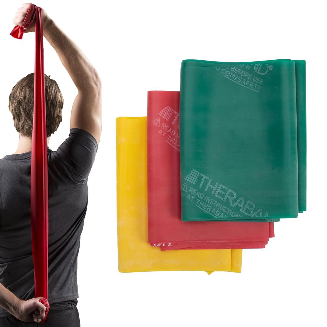THERABAND Resistance Band Set, Professional Elastic Bands for Upper & Lower Body, Core Exercise, Physical Therapy, Lower Pilates, At-Home Workouts, & Rehab, 5 Foot, Yellow, Red & Green, Beginner (red-yellow-green)