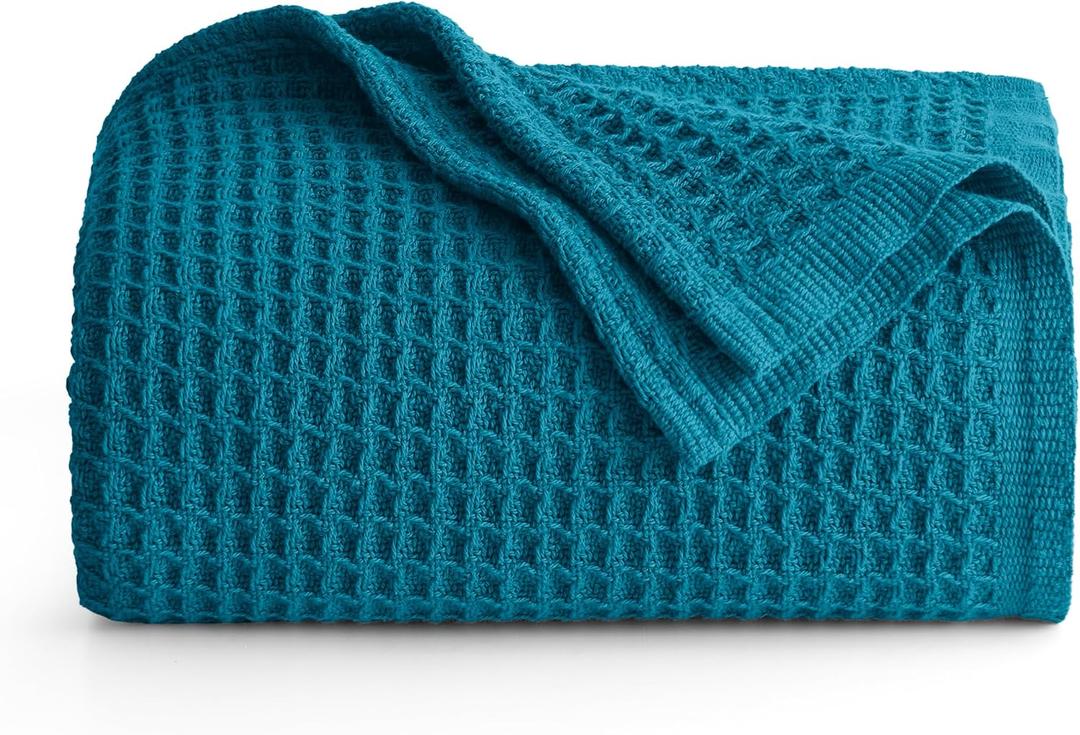 Bedsure 100% Cotton Blanket Twin XL Size for Bed - Breathable and Soft, Waffle Weave Blanket for Summer Spring, Teal, 66x90 inches (Twin XL (66" x 90"), 05 - Teal)