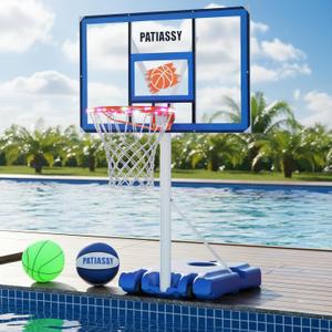 Pool Basketball Hoop with 43" Extra Wide Backboard, LED Light up Poolside Basketball Hoop with 1 Standard & 1 Glow-in-the-Dark Ball, Adjustable Height Portable Goal with Wheels, Fillable Base (Blue and White)