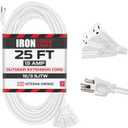 Iron Forge Cable 16 Gauge White Extension Cord Multi Outlet, 25 Ft - SJTW | 16/3 SJTW Cable, 3 Grounded Outlets, Lighted End, 3 Prong Plug, 13 Amp - For Landscaping, Holiday Lights, Appliances