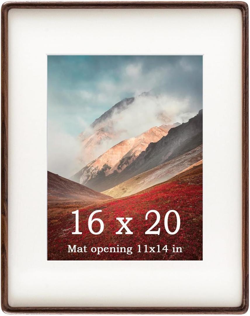 16x20 Frames Natural, Solid Walnut Wood 16 x 20 Picture Frame with Mat for 11 x 14 Image, Wall Gallery Mounting 20 x 16 Inch Large Poster Photo Frame