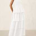 PRETTYGARDEN Women's Maxi Dress 2025 Summer Off Shoulder Smocked Tiered Ruffle Long Flowy Dresses Casual Beach Sundress (White,Large) (White, L)