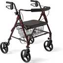 Medline Large Extra Wide Aluminum Bariatric Rollator Walker with Seat, Burgundy, 400 lb. Weight Capacity, Foldable, Under Seat Storage, 8" Wheels, Padded Backrest, Rolling Walker For Seniors & Adults