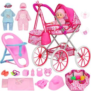 Unicorn Baby Doll Stroller Set with 11'' Baby Doll, Foldable Doll Stroller, Playpen, Dining Chair and 24 PCS Baby Doll Accessories, Doll Playset Toy for Girls Toddlers 3-5 4-6 Birthday Gifts