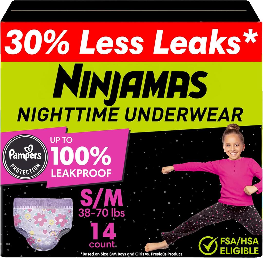 Ninjamas Girls Bedwetting Nighttime Underwear - Size S/M (38-70 lbs), 14 Count, Overnight Protection, Ultra Absorbent, Hypoallergenic Ninjamas Girls Bedwetting Nighttime Underwear - Size S/M (38-70 lbs), 14 Count, Overnight Protection, Ultra Absorbent, Hypoallergenic