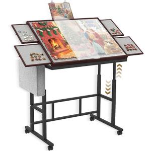 Jigsaw Puzzle Table 1500 Pieces with Legs & Storage Pocket, Height Adjustment & Tilting Puzzle Table for Adults with Drawers, Jigsaw Puzzle Board with Cover and Wheels for All Ages(Coffee Color) (Black)