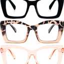 REAVEE Oversized Square Reading Glasses for Women, Blue Light Blocking Large Frame Computer Readers Spring Hinge (Black/Tortoise Tea/Tea)
