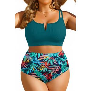 Yonique Women Plus Size High Waisted Bikini - Ribbed Two Piece Swimsuit Tummy Control Bathing Suit V-Wired 2025 Swimwear Colorful Leaves 16W