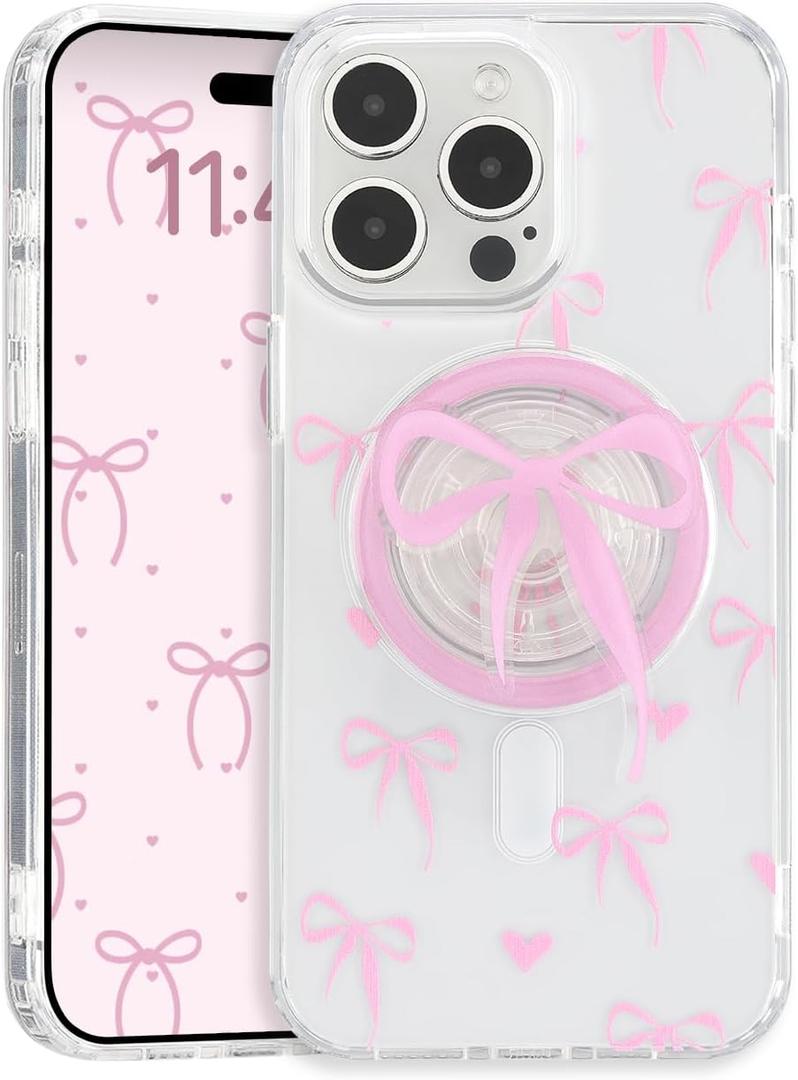 Magnetic Case for iPhone 15 Pro, 3D Pink Magnetic Stand Bowknot Phone Case, Cute Pink Clear Bow Aesthetic Design Soft Durable TPU Transparent Protective Cover for Women Girls-04