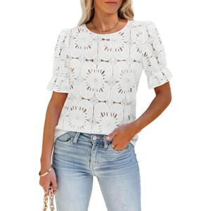 Women's Eyelet Tops Puff Short Sleeve Blouses Dressy Casual Cute Hollow Out Crochet Lace Embroidered Summer Shirts (Large, White)
