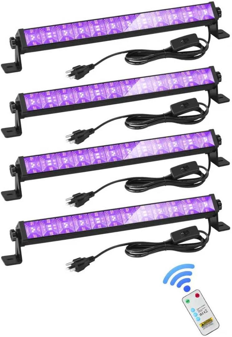48W LED Black Light Bar with Remote and Switch,Blacklight Bars with Plug and 6.5ft Cord,Black Light for Glow Party,Halloween,Bedroom,4 Pack