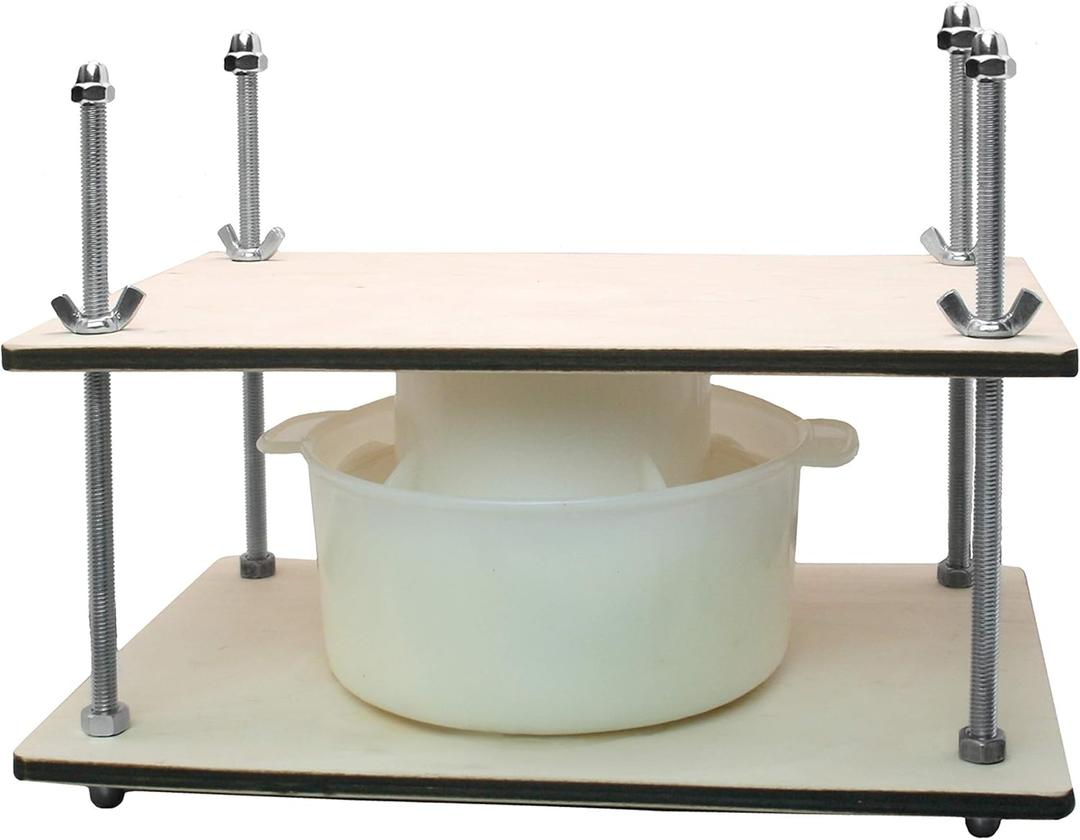 PetriStor Wooden Cheese Press for Cheese Making Supplies 12 in Metal Guides and Cheese Mold with Follower Piston 1.3Qt - Small Home Supply Cheese Press Machine - Prensa Para Queso Casero