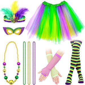 9 Pcs Mardi Gras Costume Accessories Set Include Tutu Skirt Headband Mask Mardi Gras Beads Necklaces Gloves and Striped Knee Length Socks for Women Carnival Costume Party Supplies, One Size