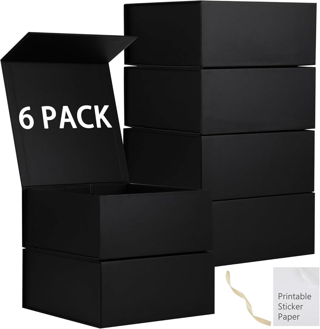 6 Pack Black Gift Boxes With Lids,9x9x4 Inch Bridesmaid Proposal Box And Printable Stickers,Proposal Boxes With Ribbon For Wedding, Packaging, Present, Birthday