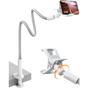 SAIJI Gooseneck Phone Stand for Bed, Lazy Bracket Cell Phone Holder Long Arm Clip Clamp Mount for Filming, Compatible with 4-7'' Mobile Cell Phone Stand Document Camera Nintendo Switch(Grey) (Upgraded Rotatable-Ball Clamp, Gray)