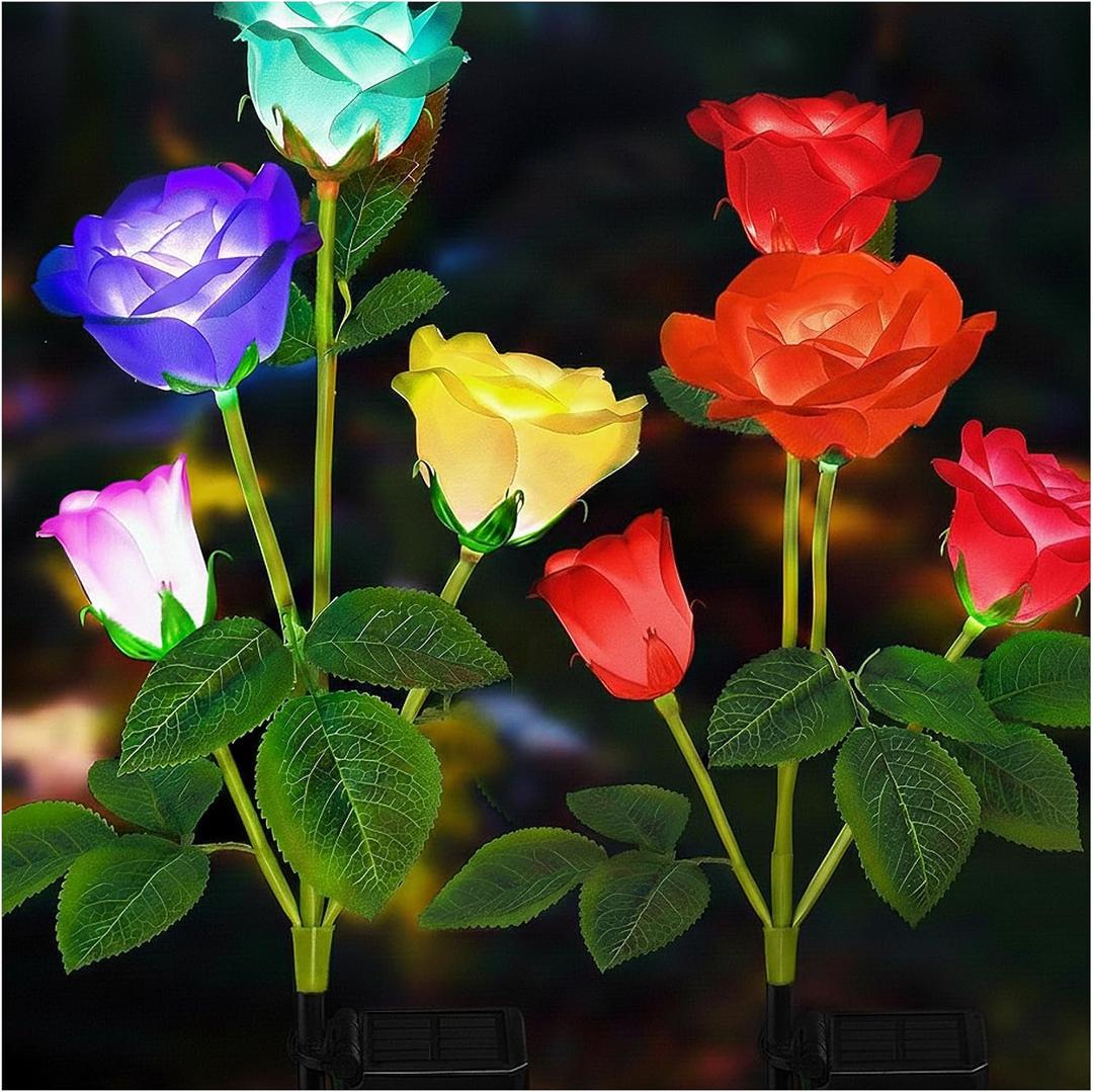 TONULAX Solar Garden Lights - Upgraded Outdoor Light, 7-Color Changing Rose Lights for Yard,Garden Decoration, Enlarged Solar Panel, More Realistic Rose Flower (2 Packs)
