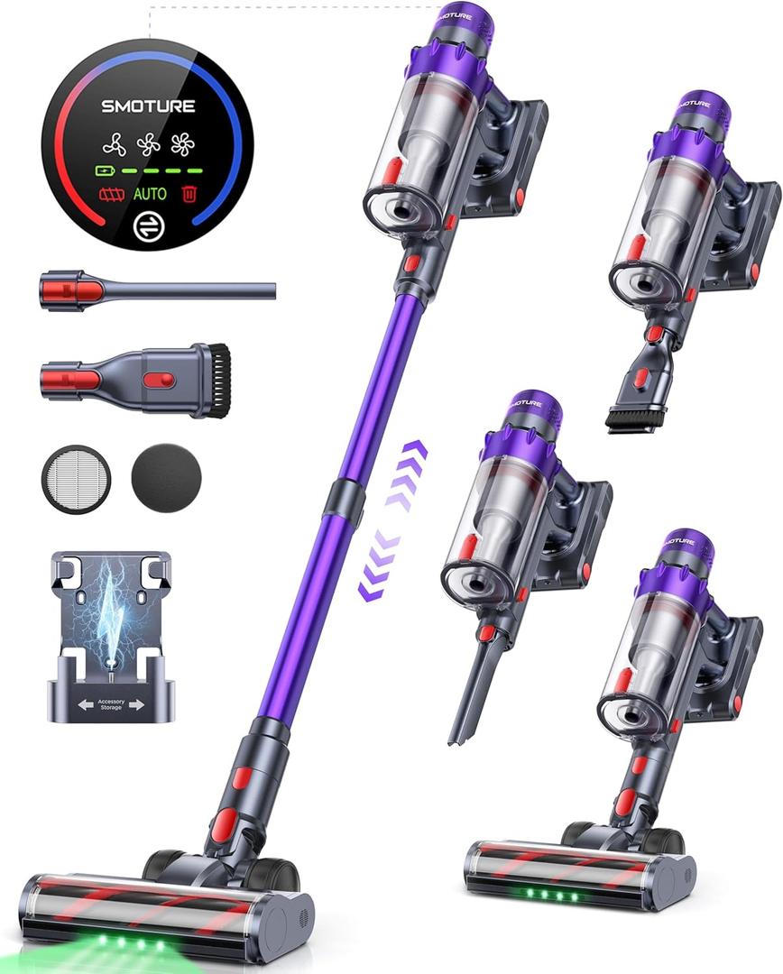 Cordless Vacuum Cleaner, 550W 45KPA 60 Mins Runtime Vacuum Cleaners for Home, Stick Vacuum with Self-Standing, Wall Mount Charging and Intelligent Auto Mode, Handheld Vacuum for Pet Hair/Carpet/Floor