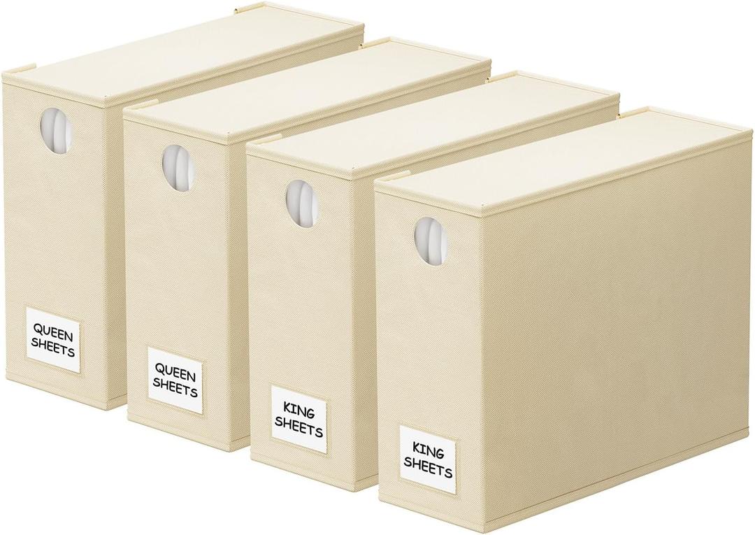 SpaceAid 4 Pack Bed Sheet Organizers and Storage, Foldable Sheet Organizer for Linen Closet, Sheets Set Folder Keeper with Window XL (Queen & King Size) Organizing Bedding Container, Beige